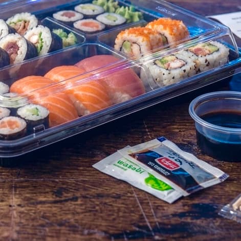 Fresh sushi platter ready for pickup